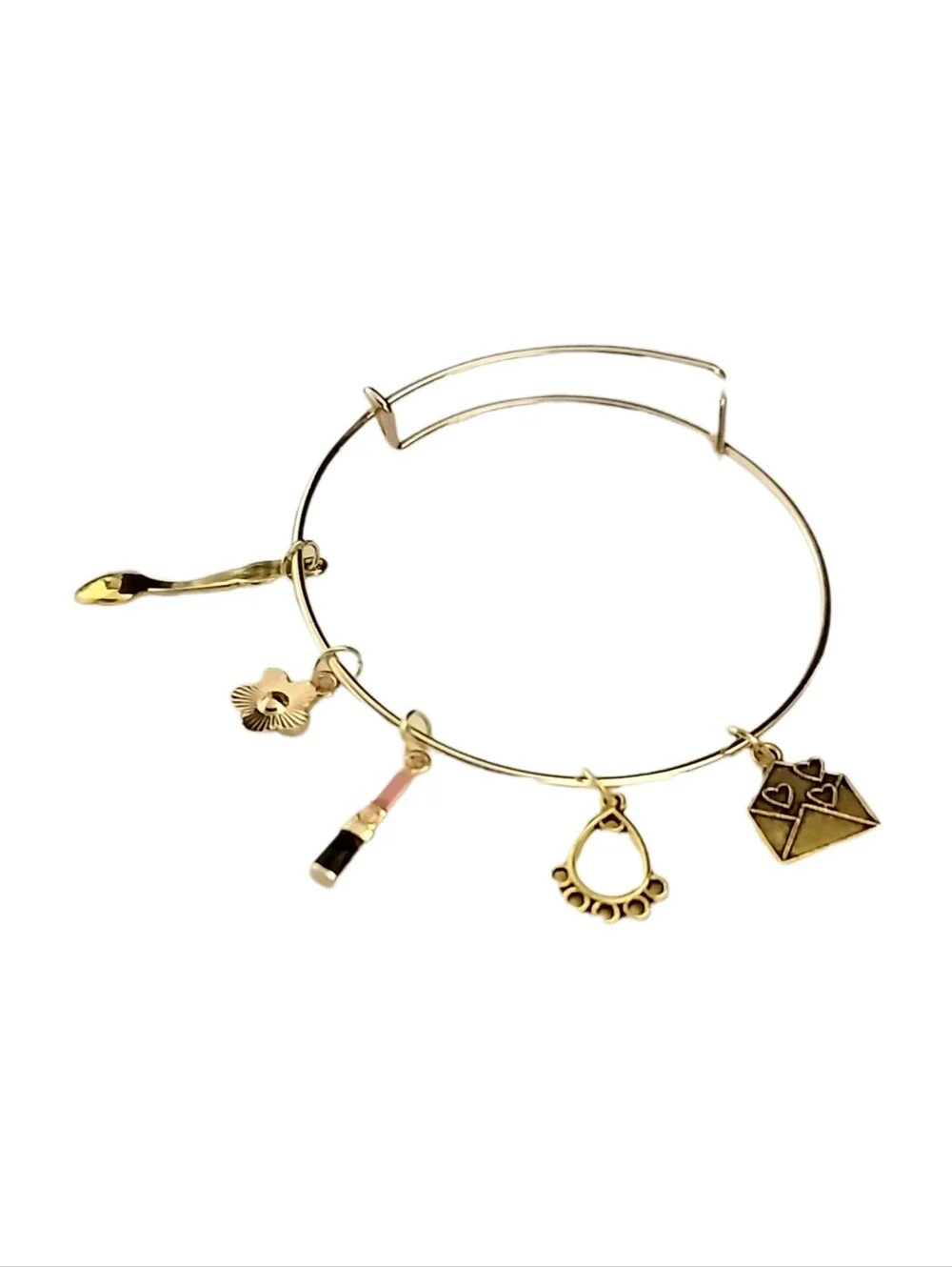 Adjustable Gold Charm Bangle Bracelet w/ Lipstick, Flower, Envelope Charms NWOT